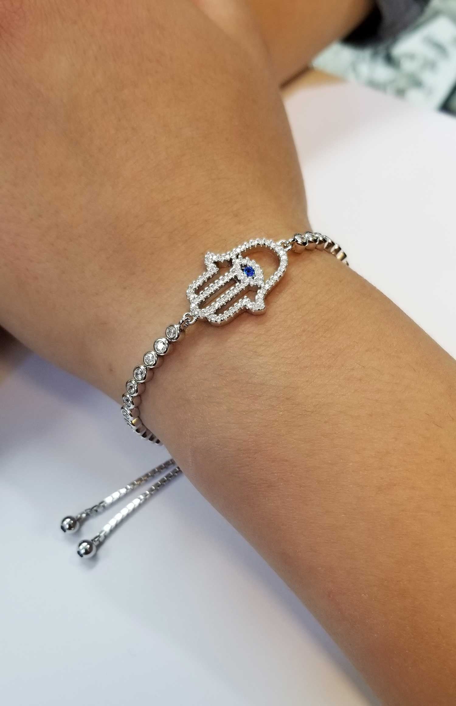 CZ Hamsa Hand Protection Kabbalah Bracelet in Sterling Silver - Image 2