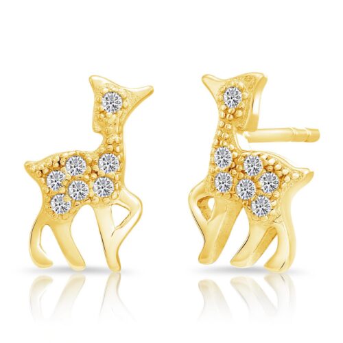 CZ Deer Stud Earrings, Gold Plated in Sterling Silver