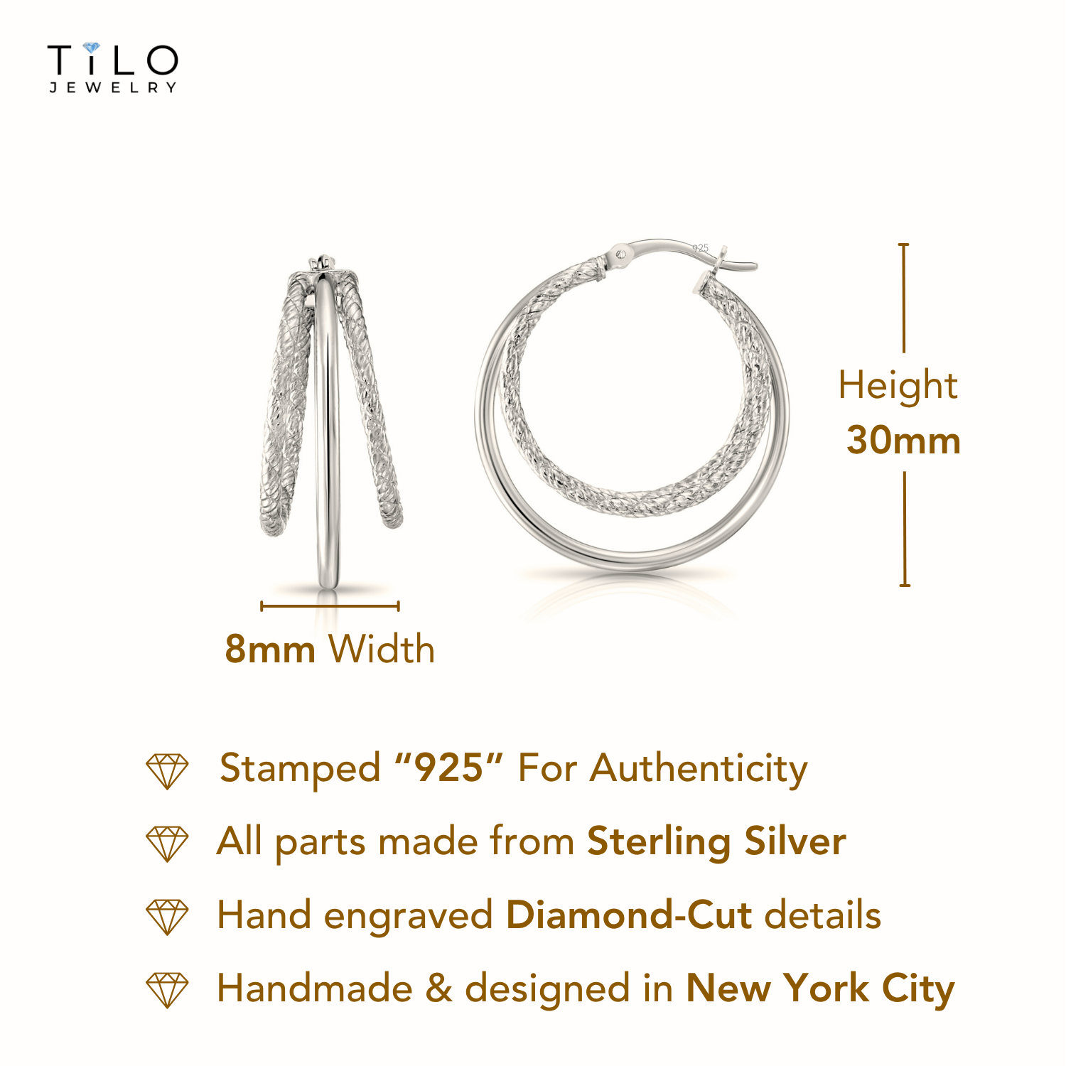 925 Sterling Silver Diamond-cut Triple Round Hoop Earrings - Image 3