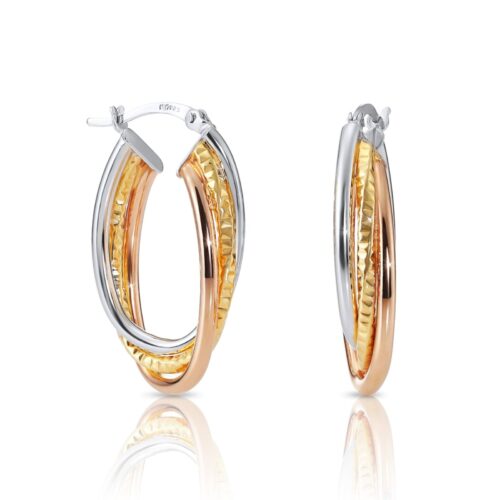 Sterling Silver Tri-Color Spiral Design Oval Hoop Earrings