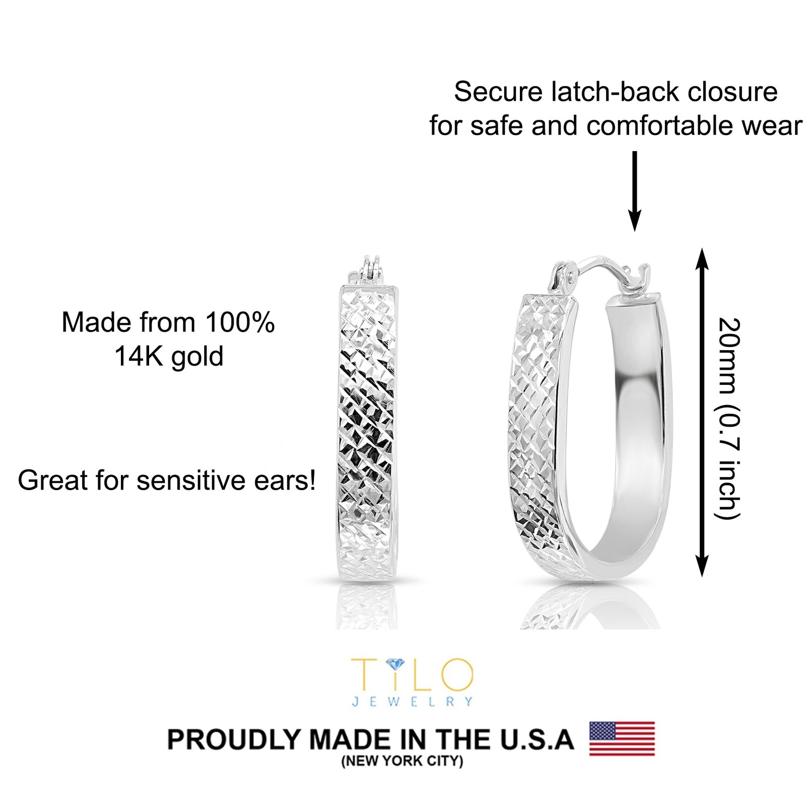 14K White Gold U-Shape Hoop Earrings, "X-Pattern" Diamond-Cuts - Image 3