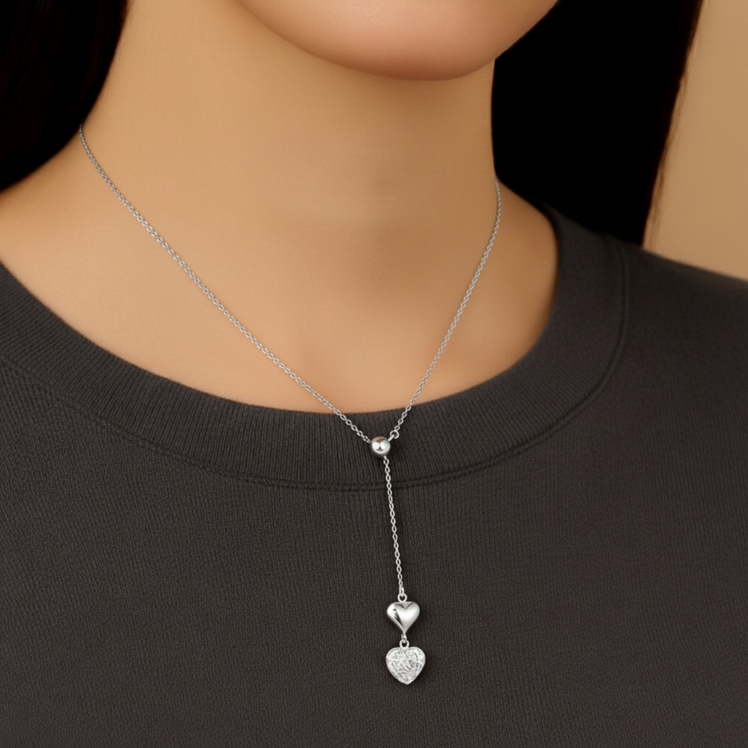 Sterling Silver Double Heart Charm Necklace - Image 2