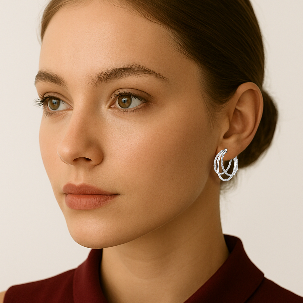 925 Sterling Silver Diamond-cut Triple Round Hoop Earrings - Image 2