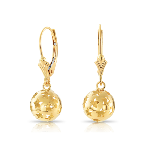 14K Yellow Gold Ball Dangle Earrings, Engraved Star Design