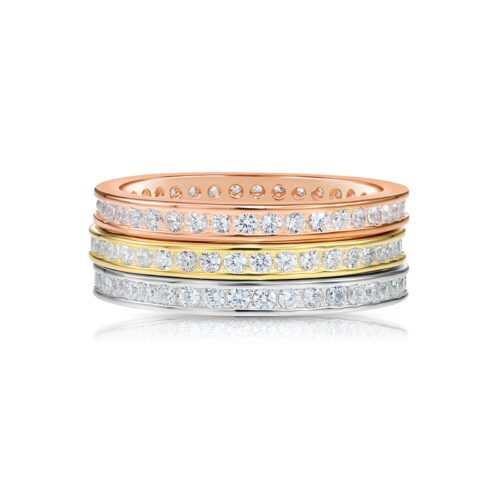 Sterling Silver Stackable Channel Set CZ Eternity Band Rings, Set Of 3