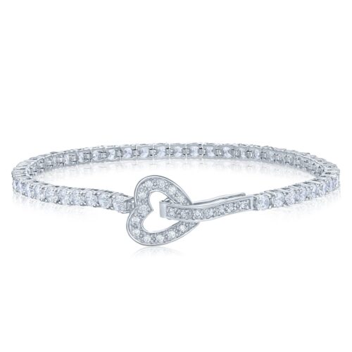 Sterling Silver Heart Tennis Bracelet With Brilliant Cubic Zirconia Stones, 7 inch