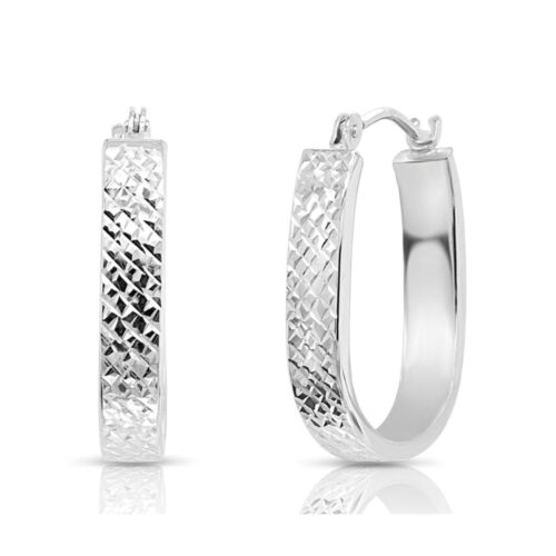 14K White Gold U-Shape Hoop Earrings, "X-Pattern" Diamond-Cuts