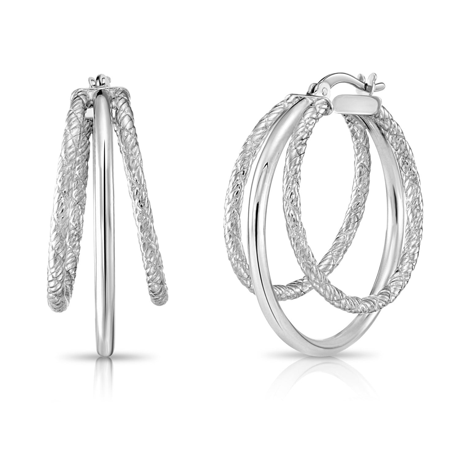 925 Sterling Silver Diamond-cut Triple Round Hoop Earrings