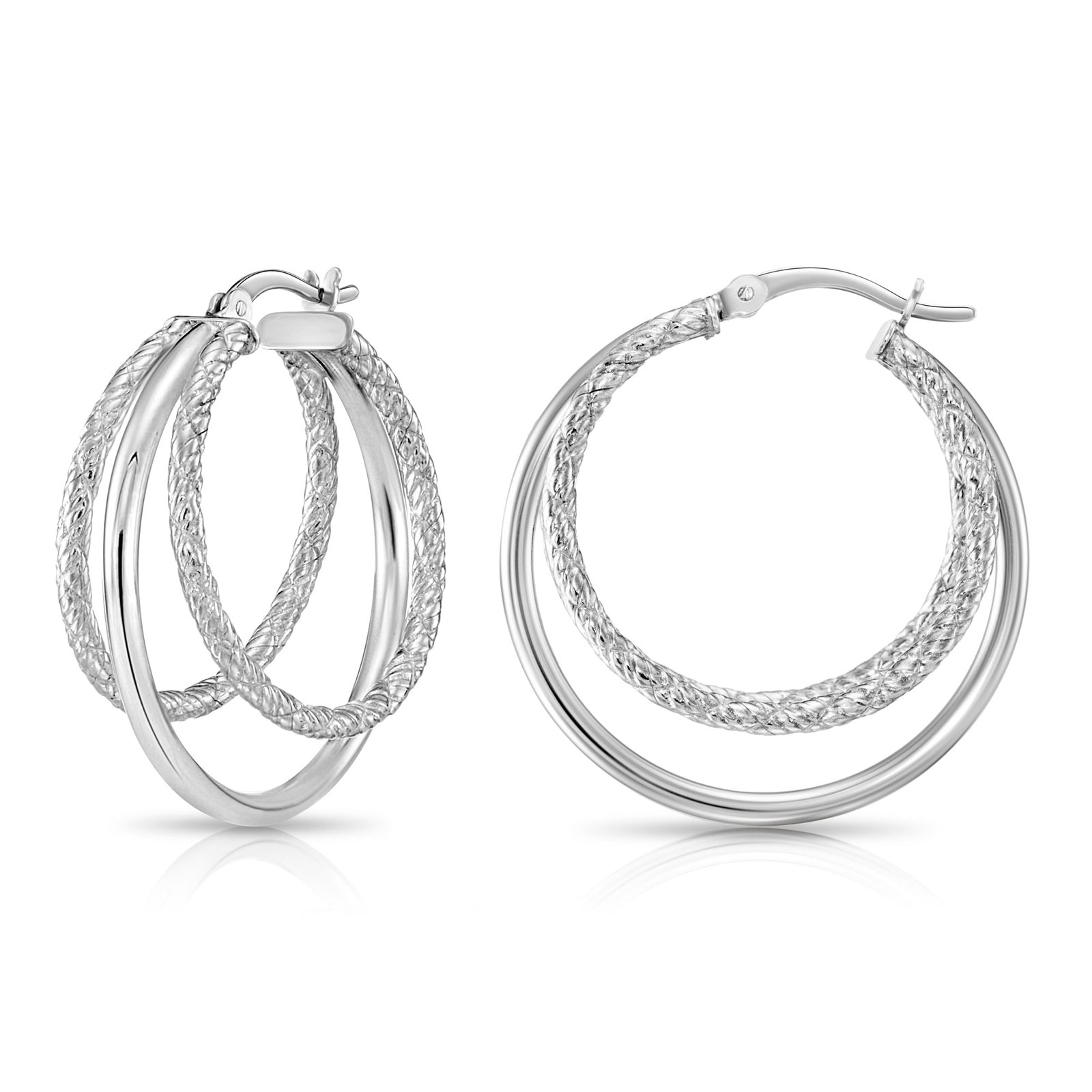925 Sterling Silver Diamond-cut Triple Round Hoop Earrings - Image 4