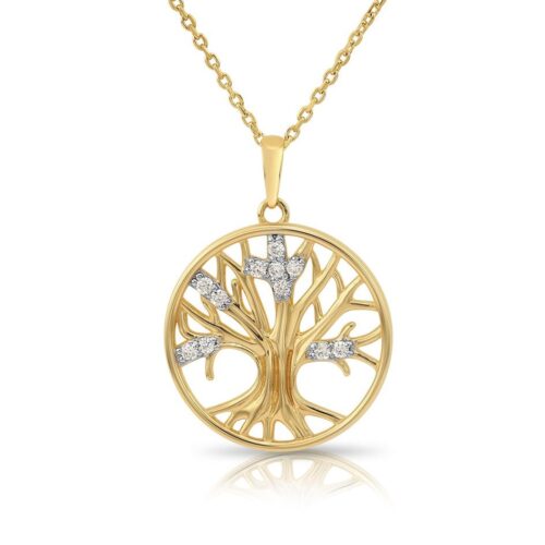 14K Yellow Gold Lab Diamond Tree Of Life Pendant Necklace, 0.10ctw