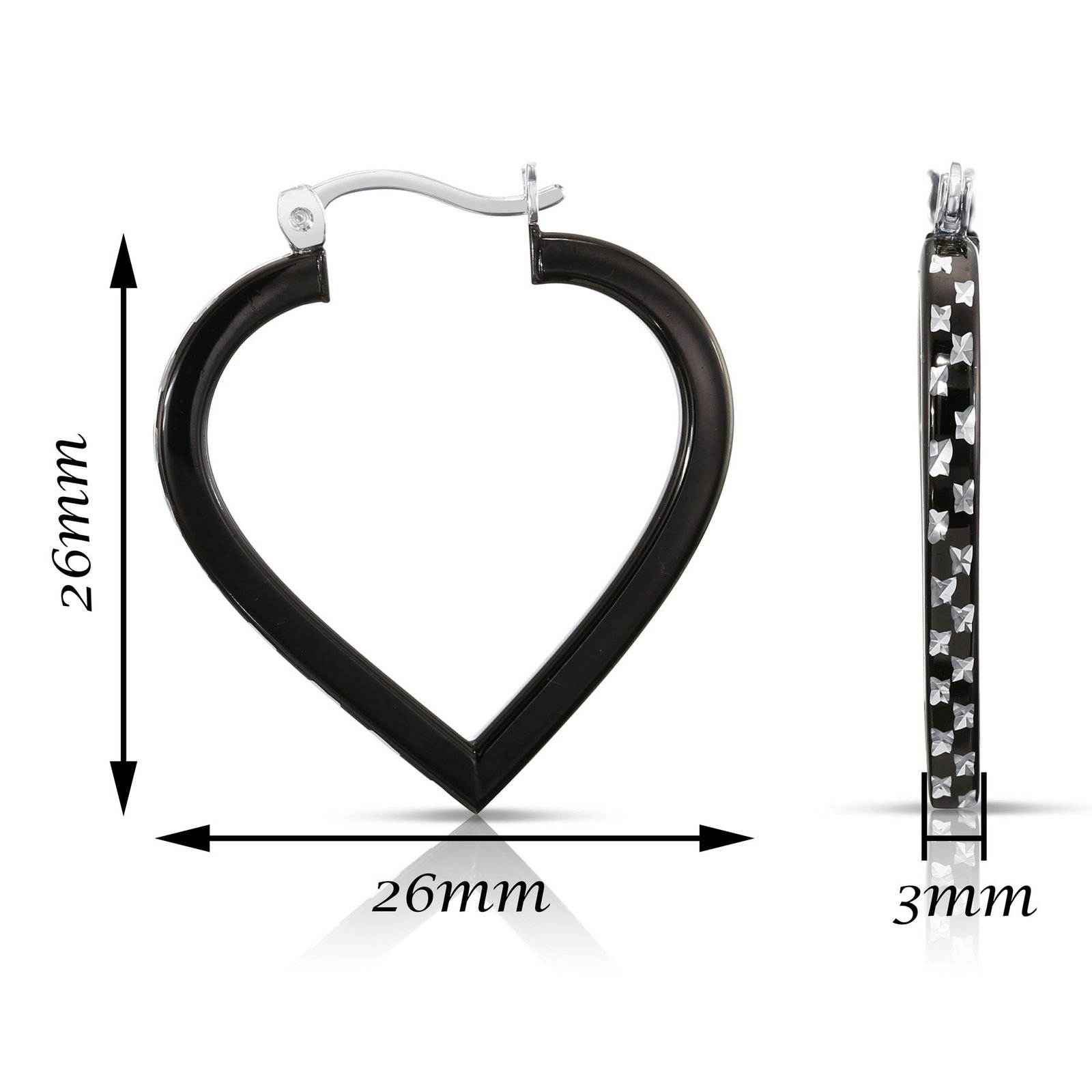 Fancy Glossy Black Diamond-cut Heart Hoop Earrings in Sterling Silver - Image 2
